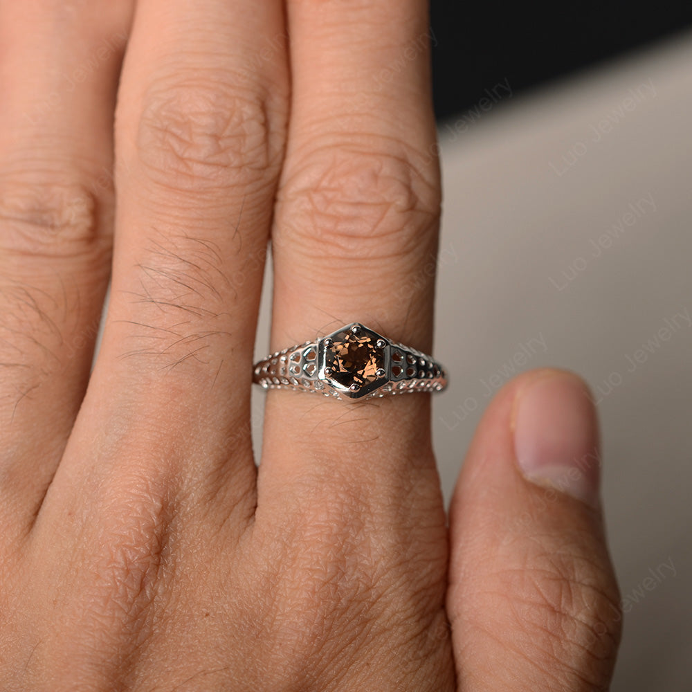 6 Prong Vintage Smoky Quartz  Solitaire Engagement Ring - LUO Jewelry