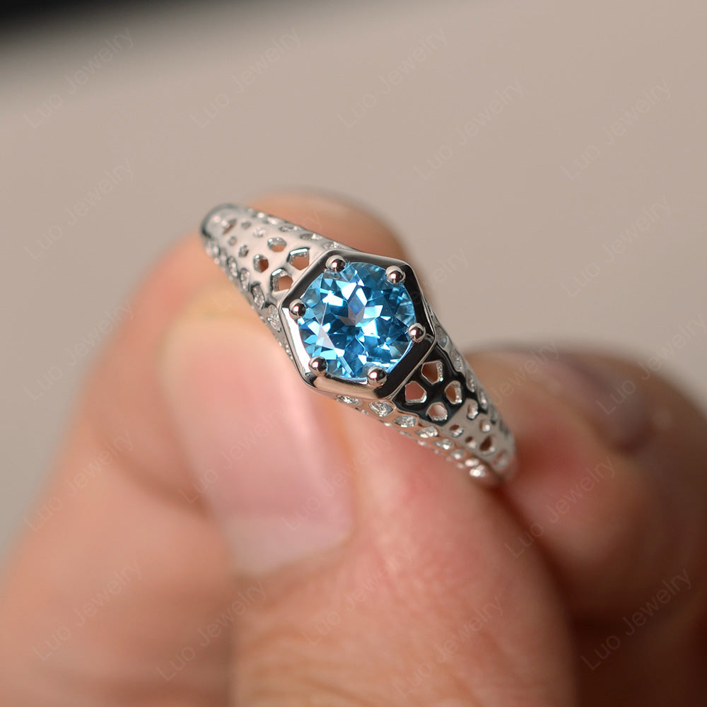 6 Prong Vintage Swiss Blue Topaz Solitaire Engagement Ring - LUO Jewelry