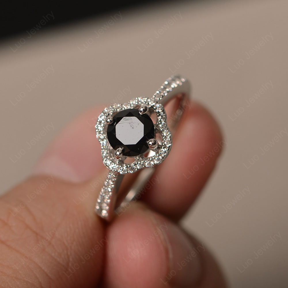 Black Stone Halo Flower Engagement Ring Gold - LUO Jewelry
