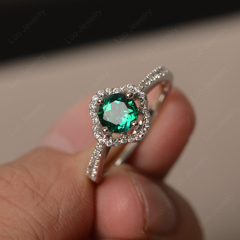 Lab Emerald Halo Flower Engagement Ring Gold - LUO Jewelry