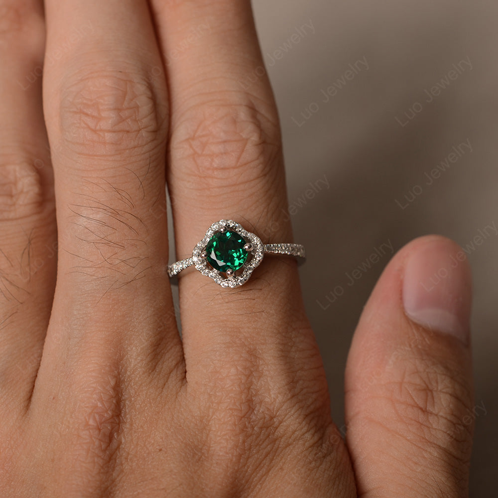 Lab Emerald Halo Flower Engagement Ring Gold - LUO Jewelry