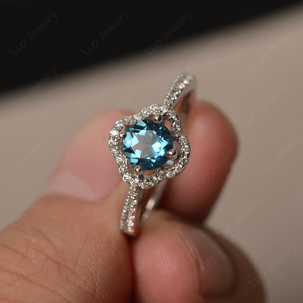 London Blue Topaz Halo Flower Engagement Ring Gold - LUO Jewelry