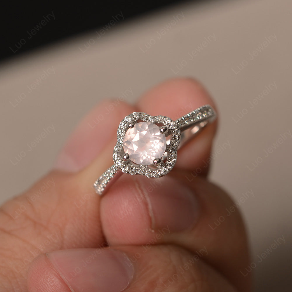 Rose Quartz Halo Flower Engagement Ring Gold - LUO Jewelry