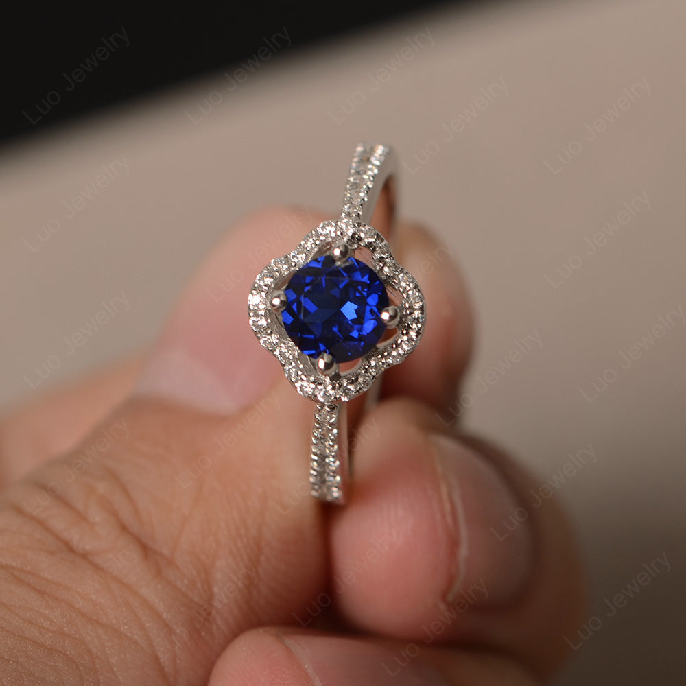 Lab Sapphire Halo Flower Engagement Ring Gold - LUO Jewelry