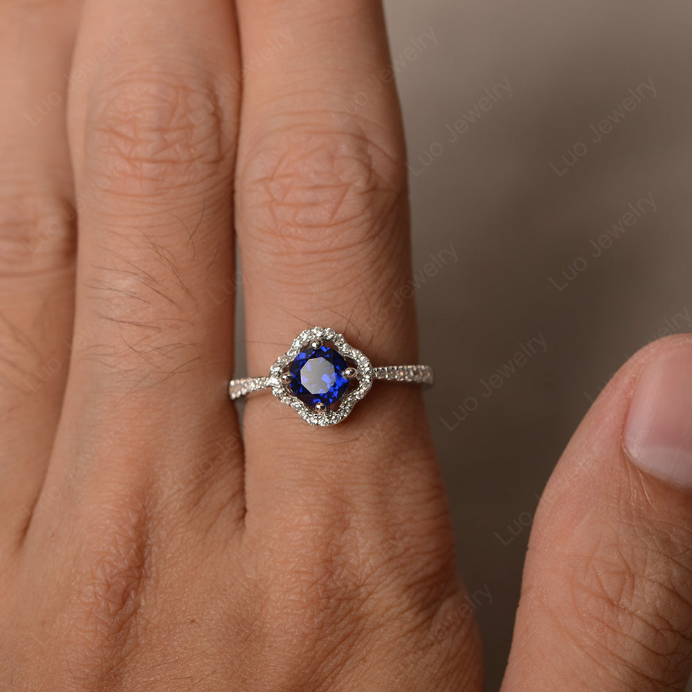 Lab Sapphire Halo Flower Engagement Ring Gold - LUO Jewelry