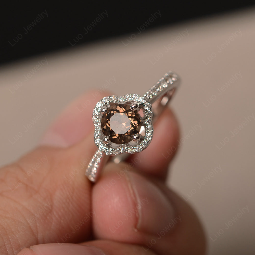Smoky Quartz  Halo Flower Engagement Ring Gold - LUO Jewelry