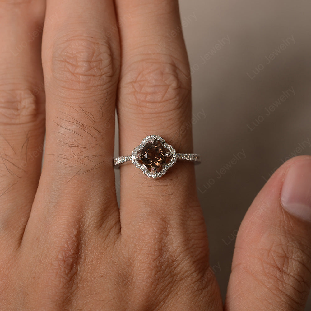 Smoky Quartz  Halo Flower Engagement Ring Gold - LUO Jewelry