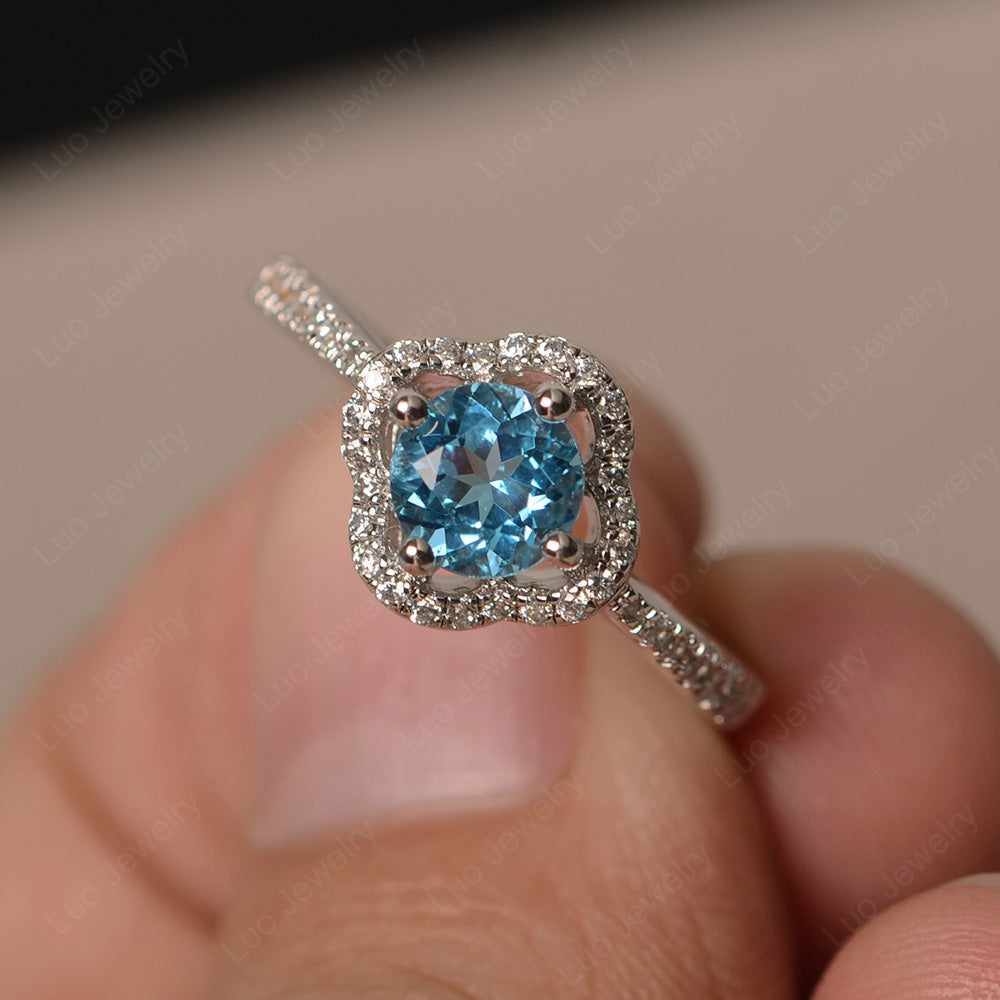 Swiss Blue Topaz Halo Flower Engagement Ring Gold - LUO Jewelry