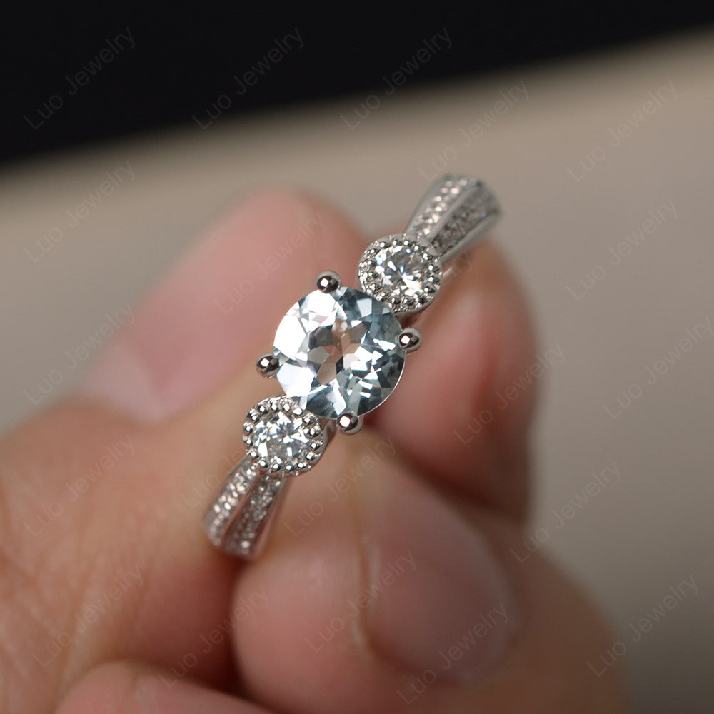 Round Cut Aquamarine Wedding Ring Art Deco Gold - LUO Jewelry