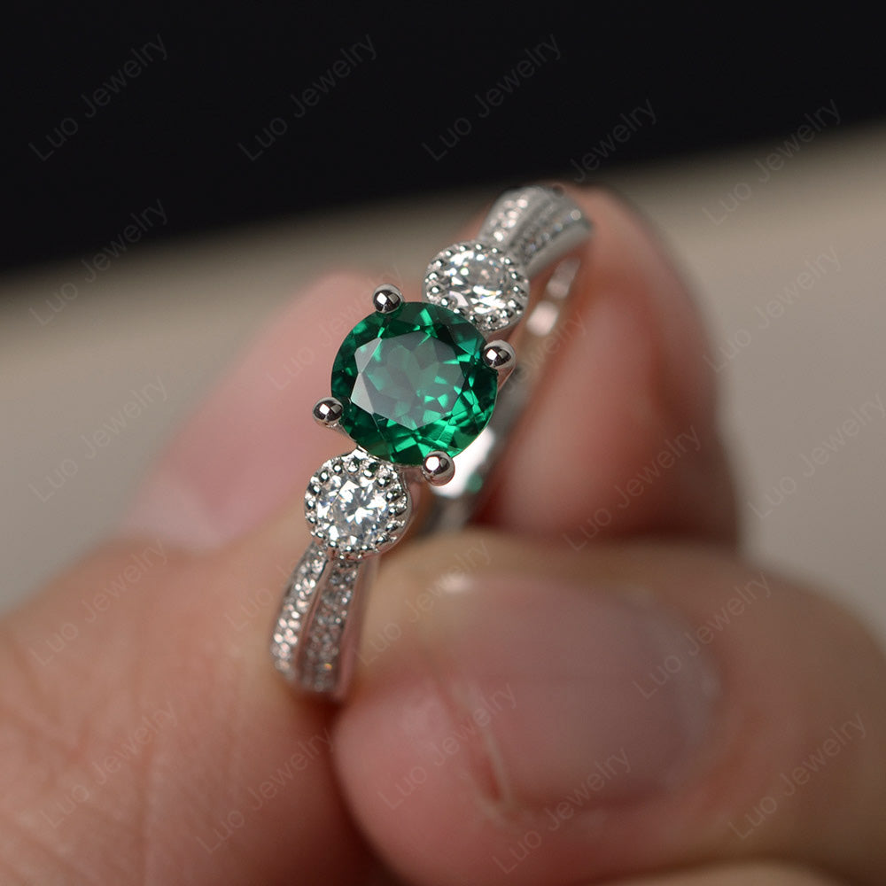 Round Cut Lab Emerald Wedding Ring Art Deco Gold - LUO Jewelry