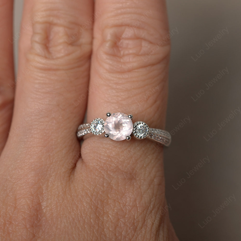 Round Cut Rose Quartz Wedding Ring Art Deco Gold - LUO Jewelry
