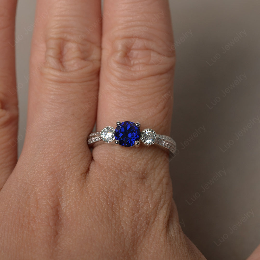 Round Cut Lab Sapphire Wedding Ring Art Deco Gold - LUO Jewelry