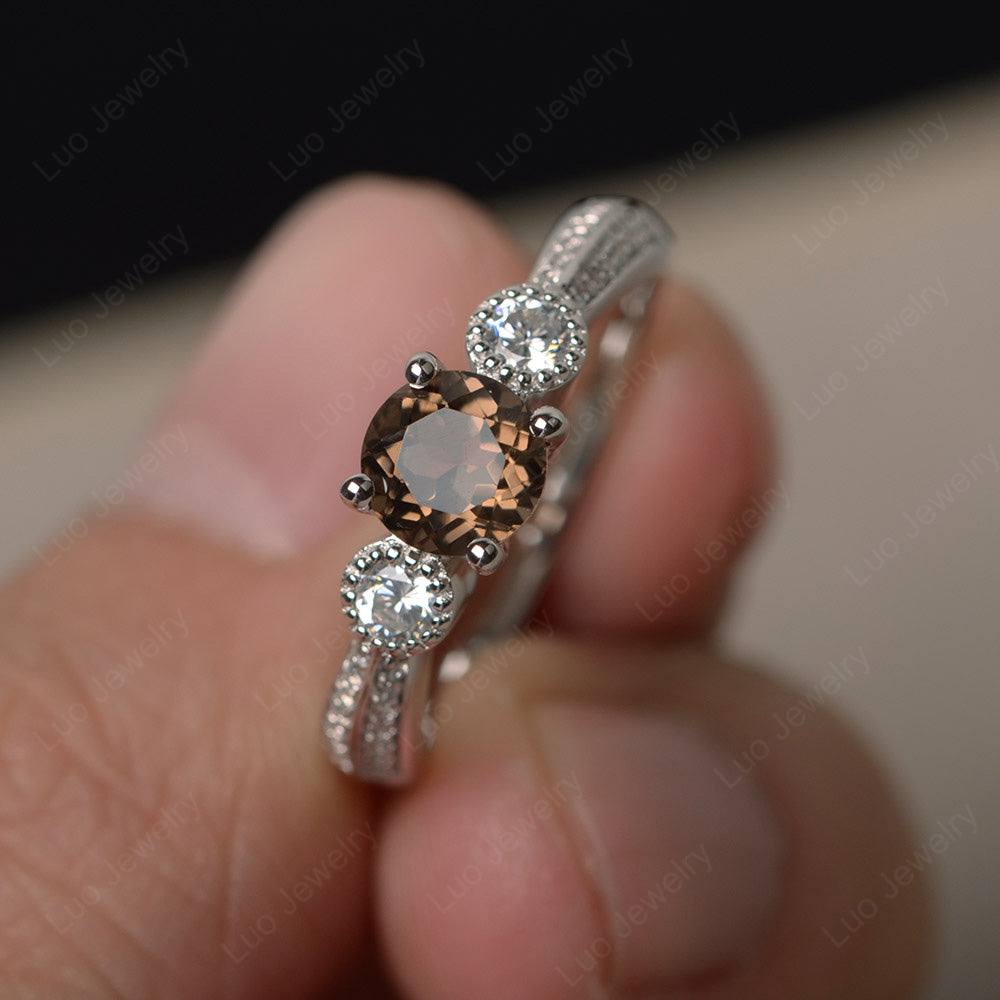 Round Cut Smoky Quartz  Wedding Ring Art Deco Gold - LUO Jewelry