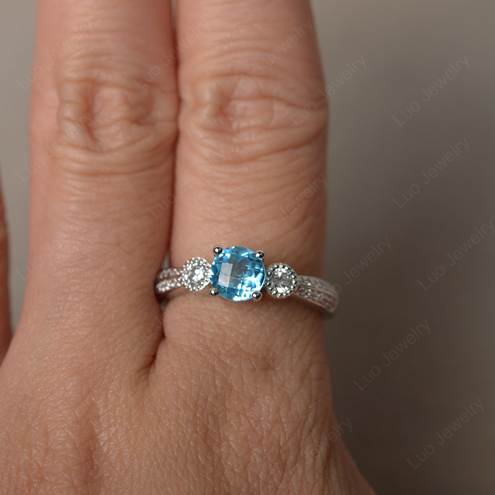 Round Cut Swiss Blue Topaz Wedding Ring Art Deco Gold - LUO Jewelry