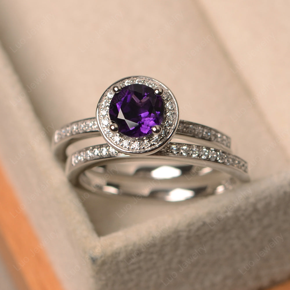 Round Cut Amethyst Halo Bridal Set Ring - LUO Jewelry