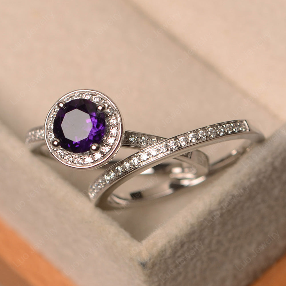 Round Cut Amethyst Halo Bridal Set Ring - LUO Jewelry