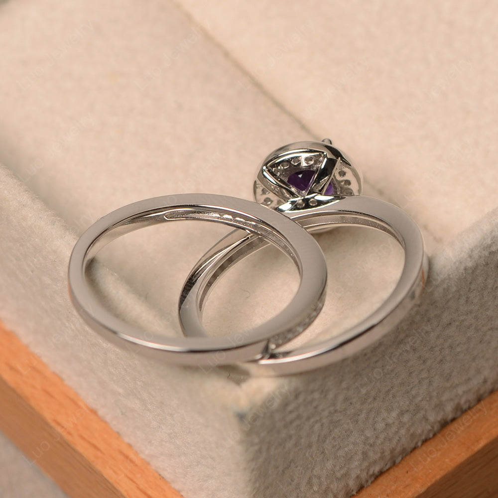 Round Cut Amethyst Halo Bridal Set Ring - LUO Jewelry