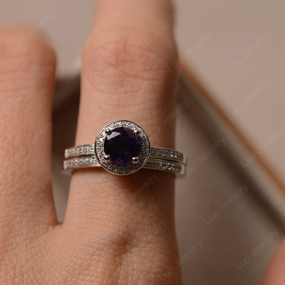 Round Cut Amethyst Halo Bridal Set Ring - LUO Jewelry