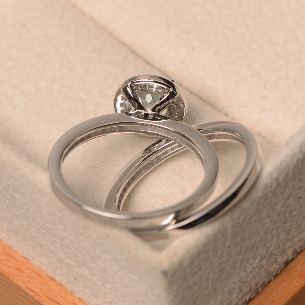 Round Cut Aquamarine Halo Bridal Set Ring - LUO Jewelry