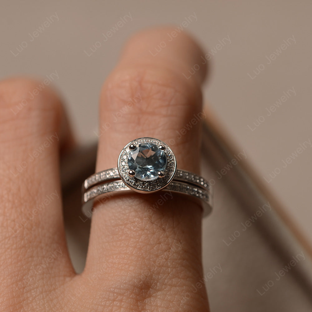 Round Cut Aquamarine Halo Bridal Set Ring - LUO Jewelry