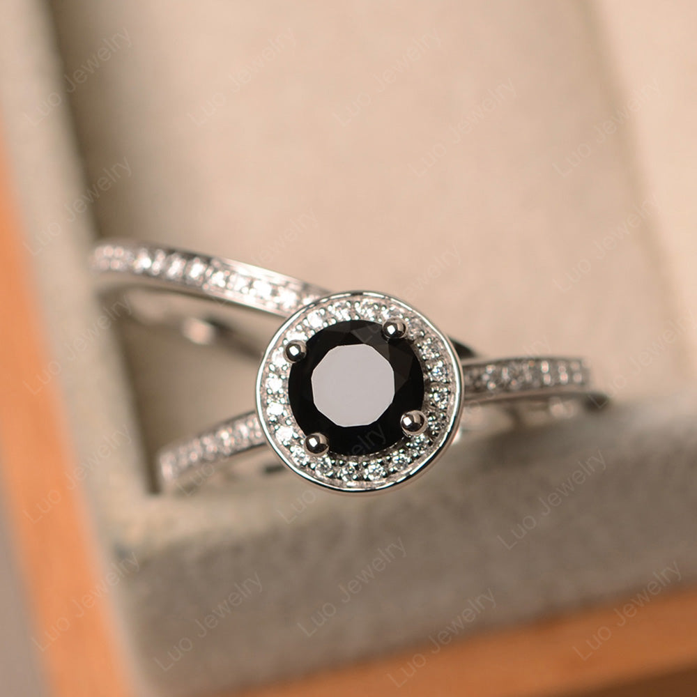 Round Cut Black Spinel Halo Bridal Set Ring - LUO Jewelry