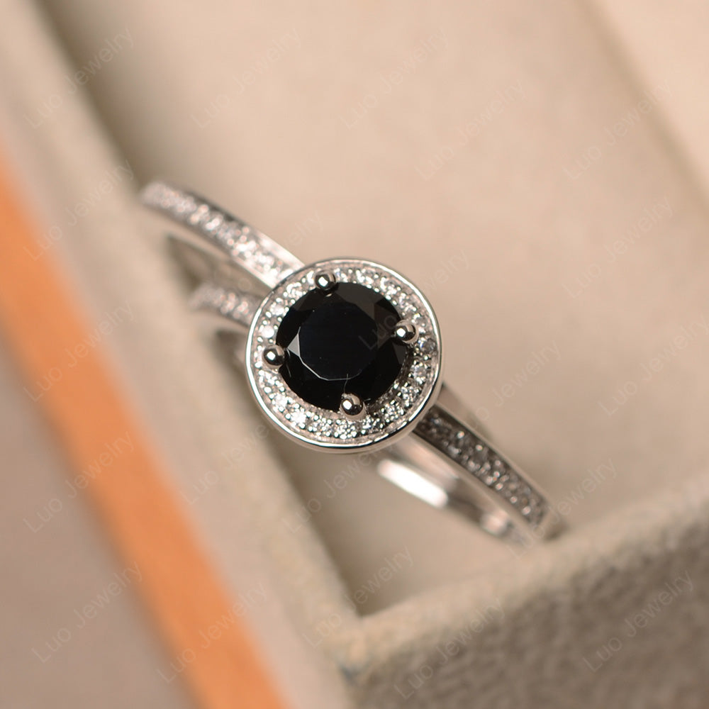 Round Cut Black Spinel Halo Bridal Set Ring - LUO Jewelry