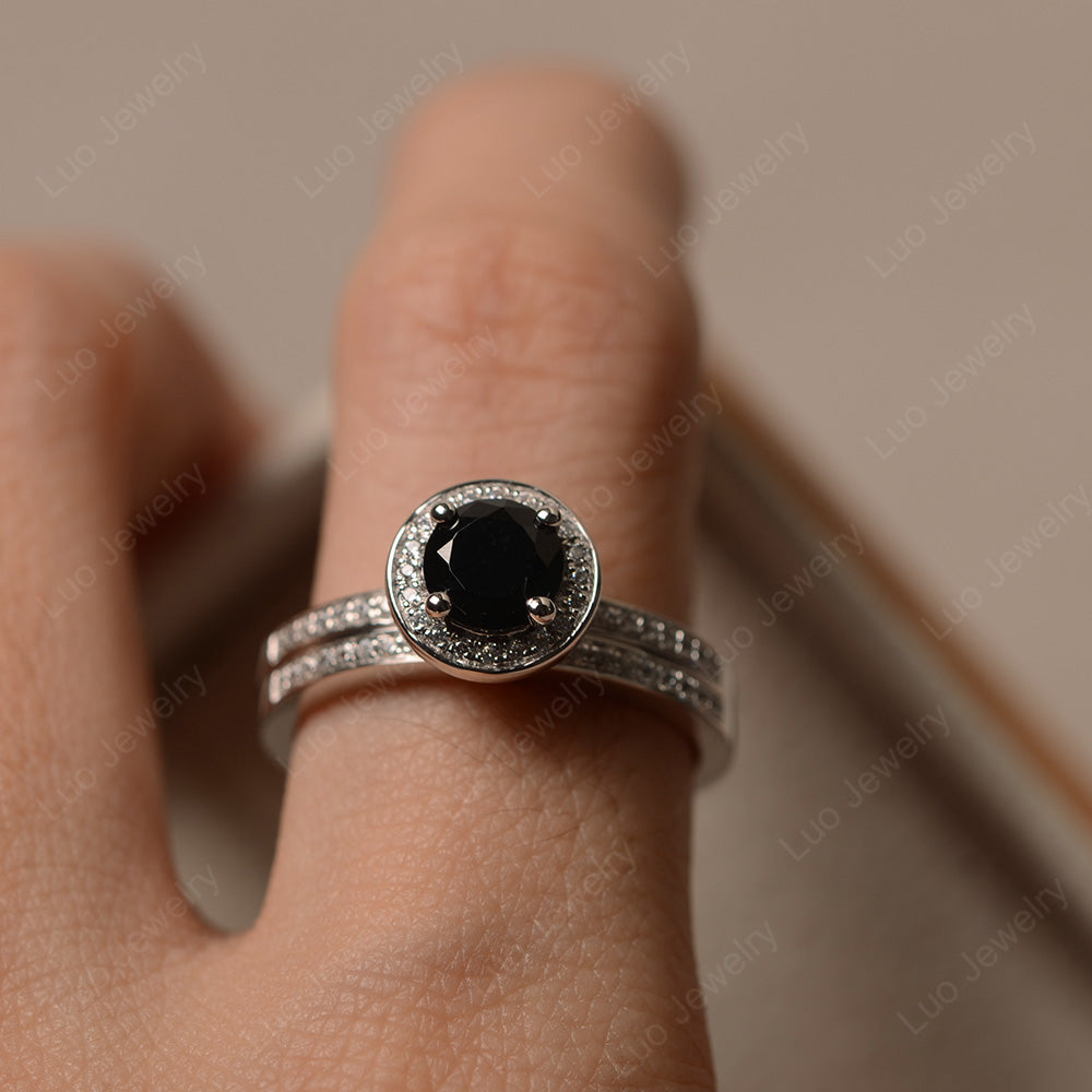 Round Cut Black Spinel Halo Bridal Set Ring - LUO Jewelry