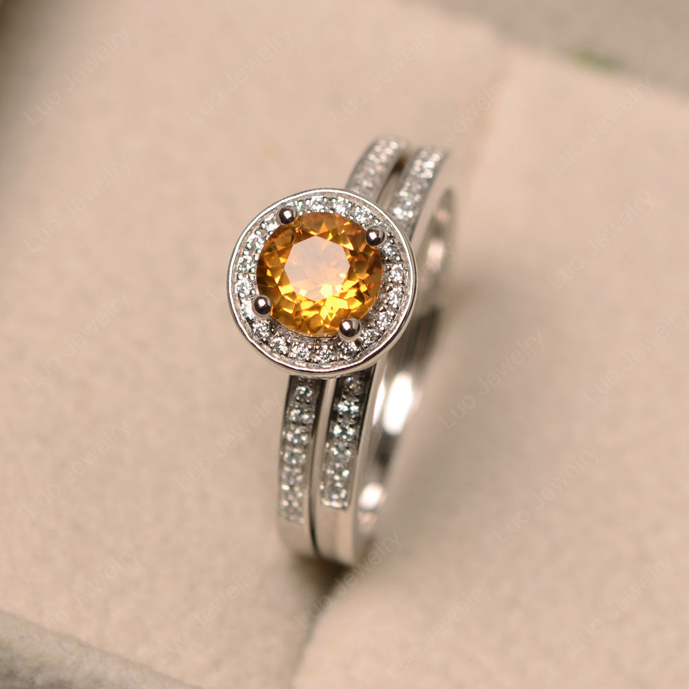 Round Cut Citrine Halo Bridal Set Ring - LUO Jewelry