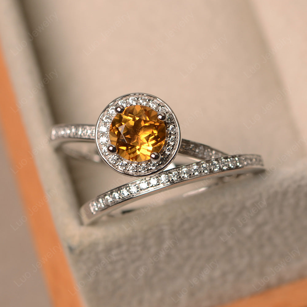 Round Cut Citrine Halo Bridal Set Ring - LUO Jewelry