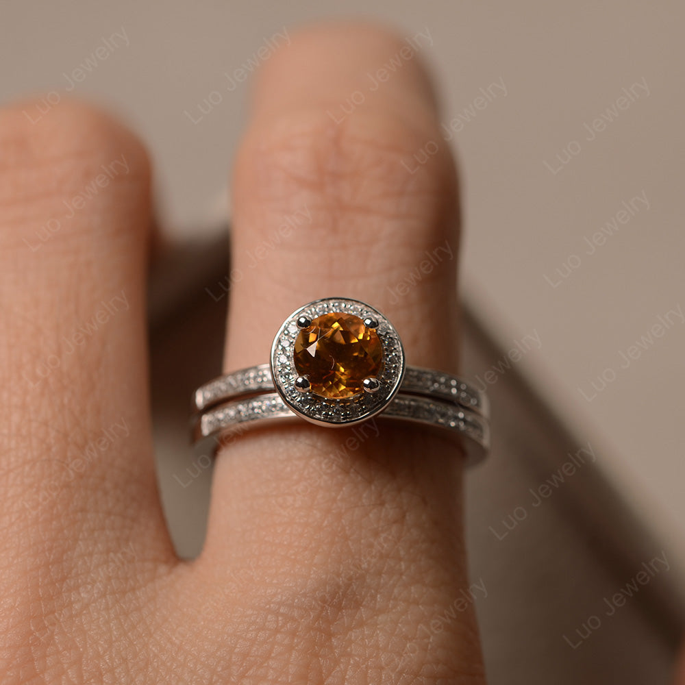 Round Cut Citrine Halo Bridal Set Ring - LUO Jewelry