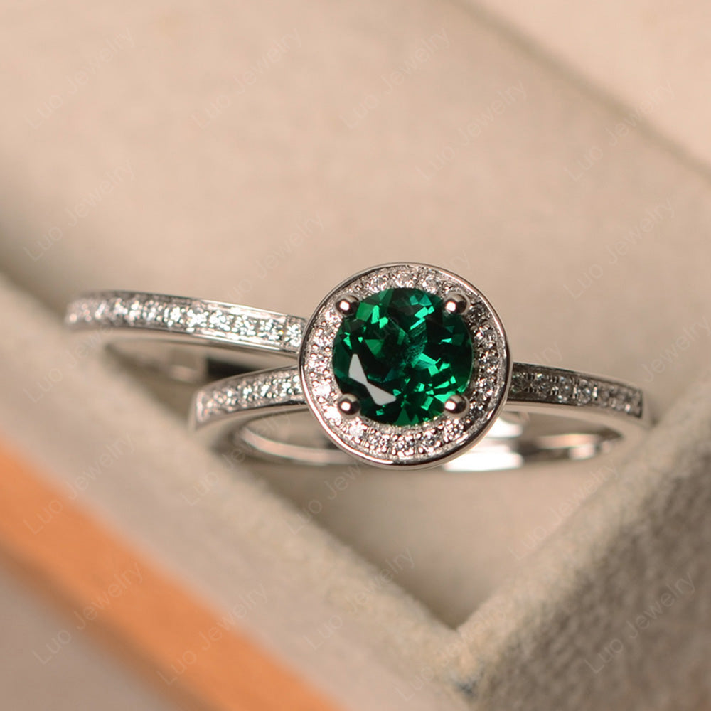 Round Cut Lab Emerald Halo Bridal Set Ring - LUO Jewelry