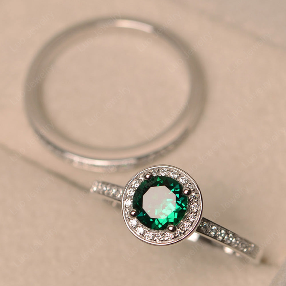 Round Cut Lab Emerald Halo Bridal Set Ring - LUO Jewelry