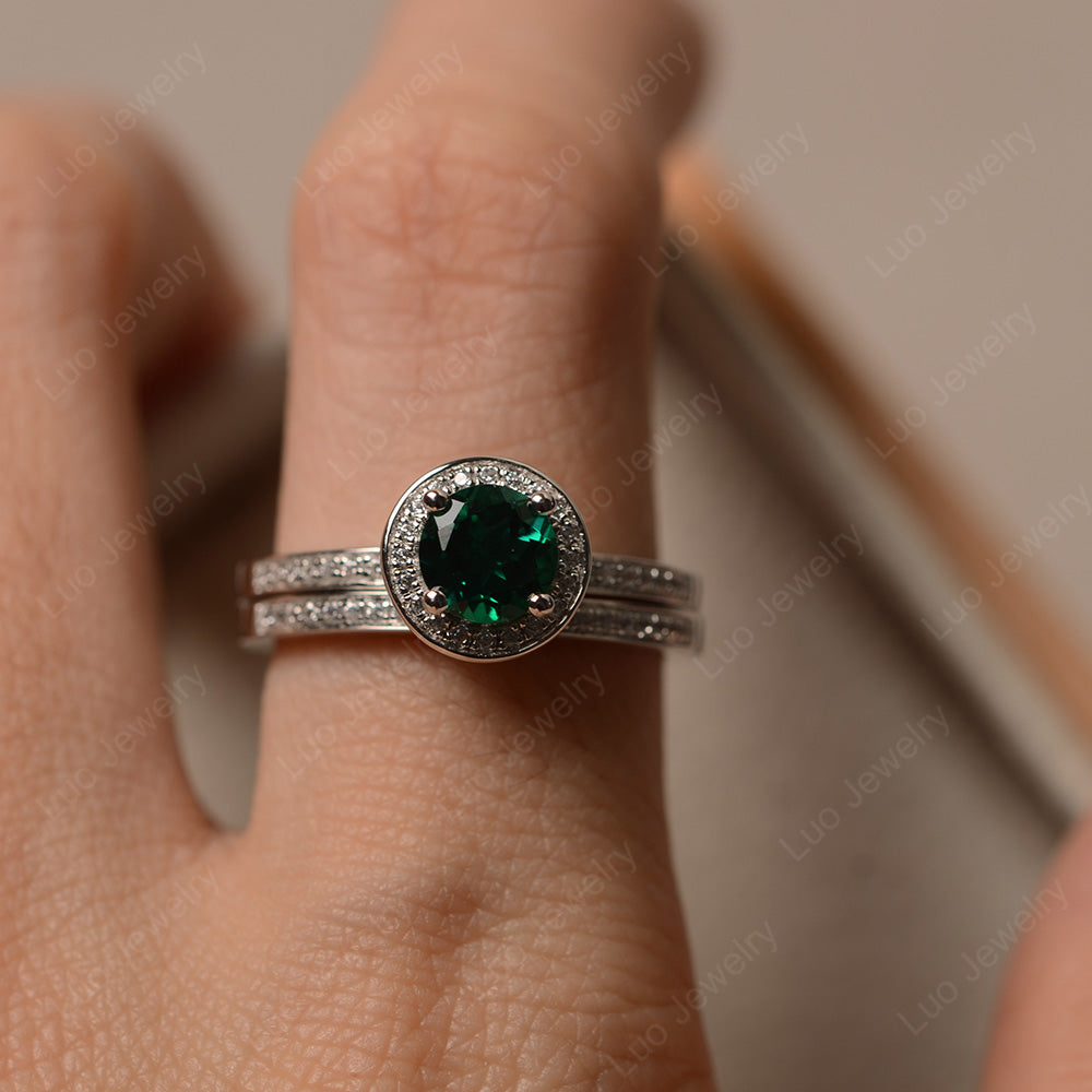 Round Cut Lab Emerald Halo Bridal Set Ring - LUO Jewelry