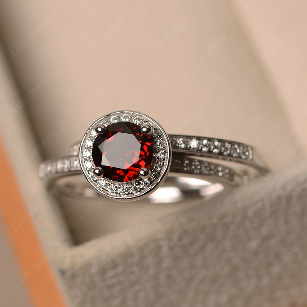 Round Cut Garnet Halo Bridal Set Ring - LUO Jewelry