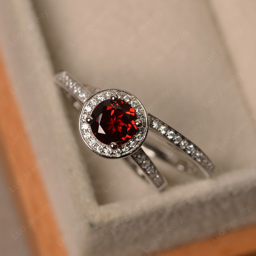 Round Cut Garnet Halo Bridal Set Ring - LUO Jewelry