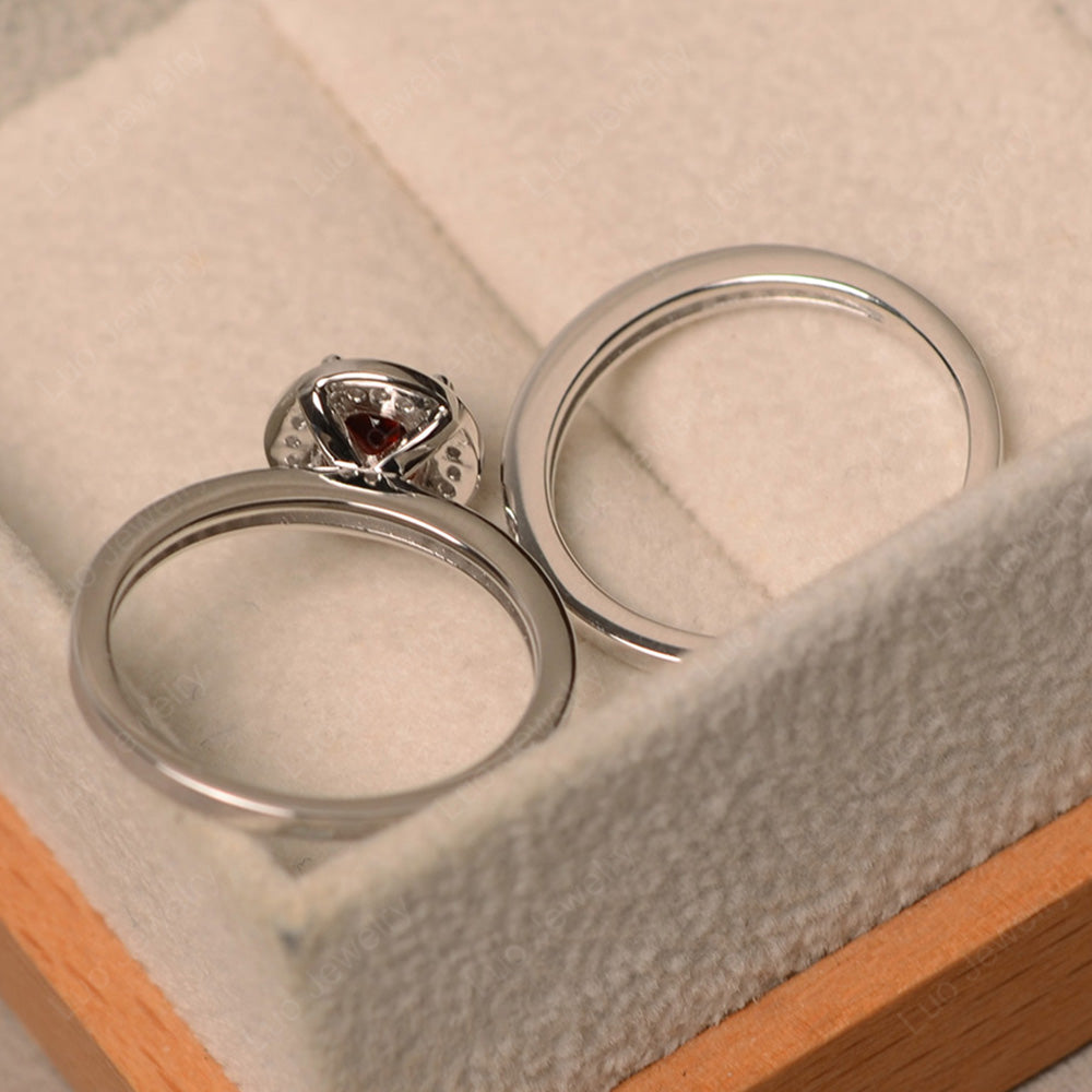 Round Cut Garnet Halo Bridal Set Ring - LUO Jewelry