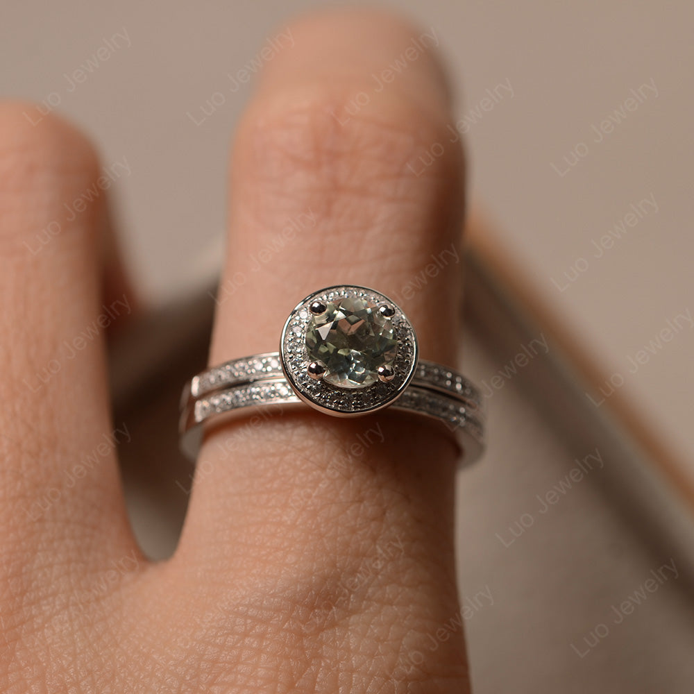 Round Cut Green Amethyst Halo Bridal Set Ring - LUO Jewelry