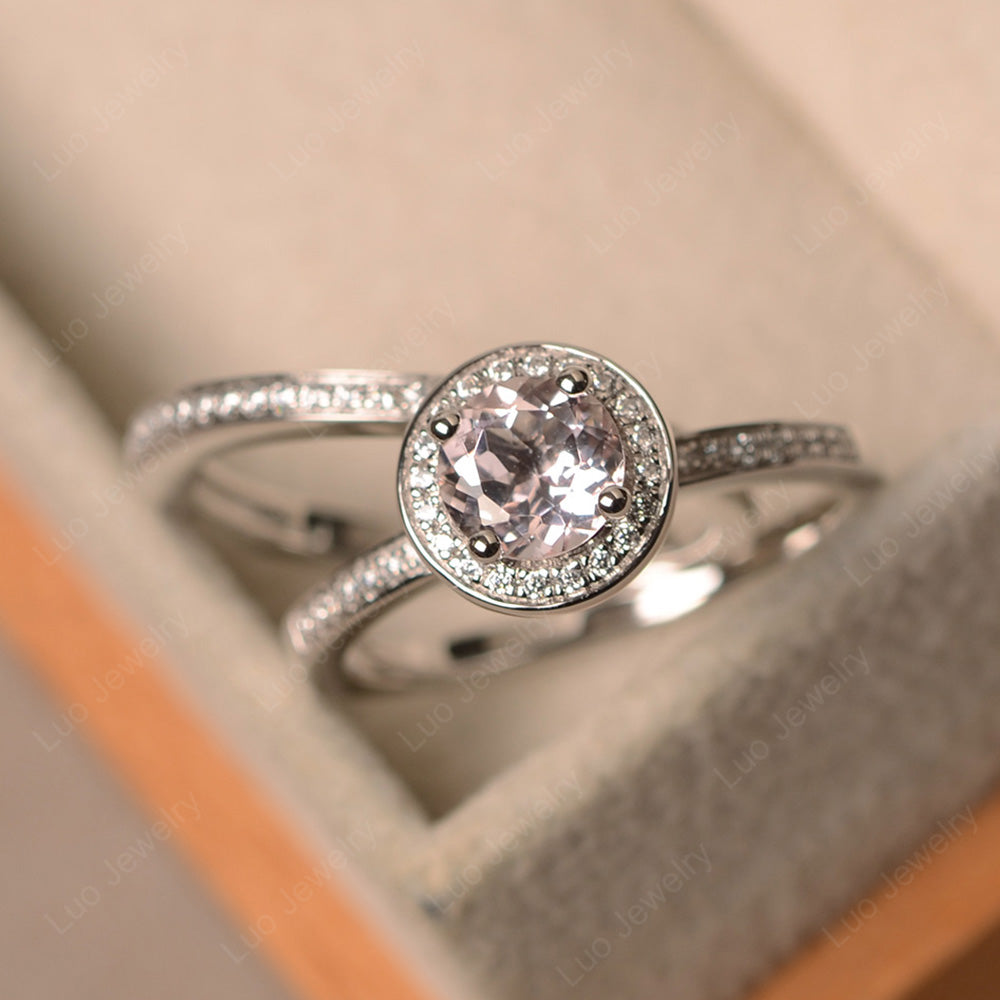 Round Cut Morganite Halo Bridal Set Ring - LUO Jewelry