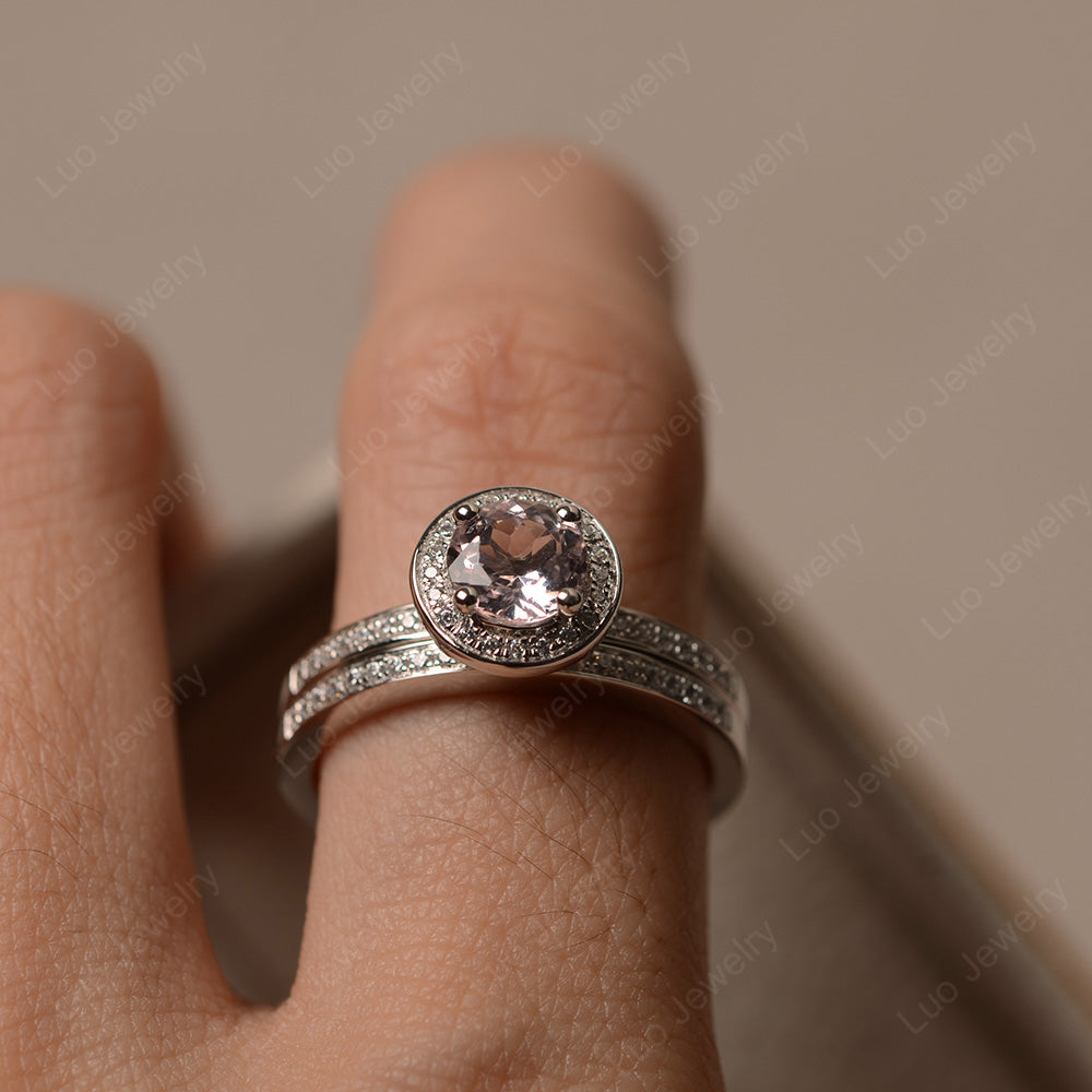 Round Cut Morganite Halo Bridal Set Ring - LUO Jewelry