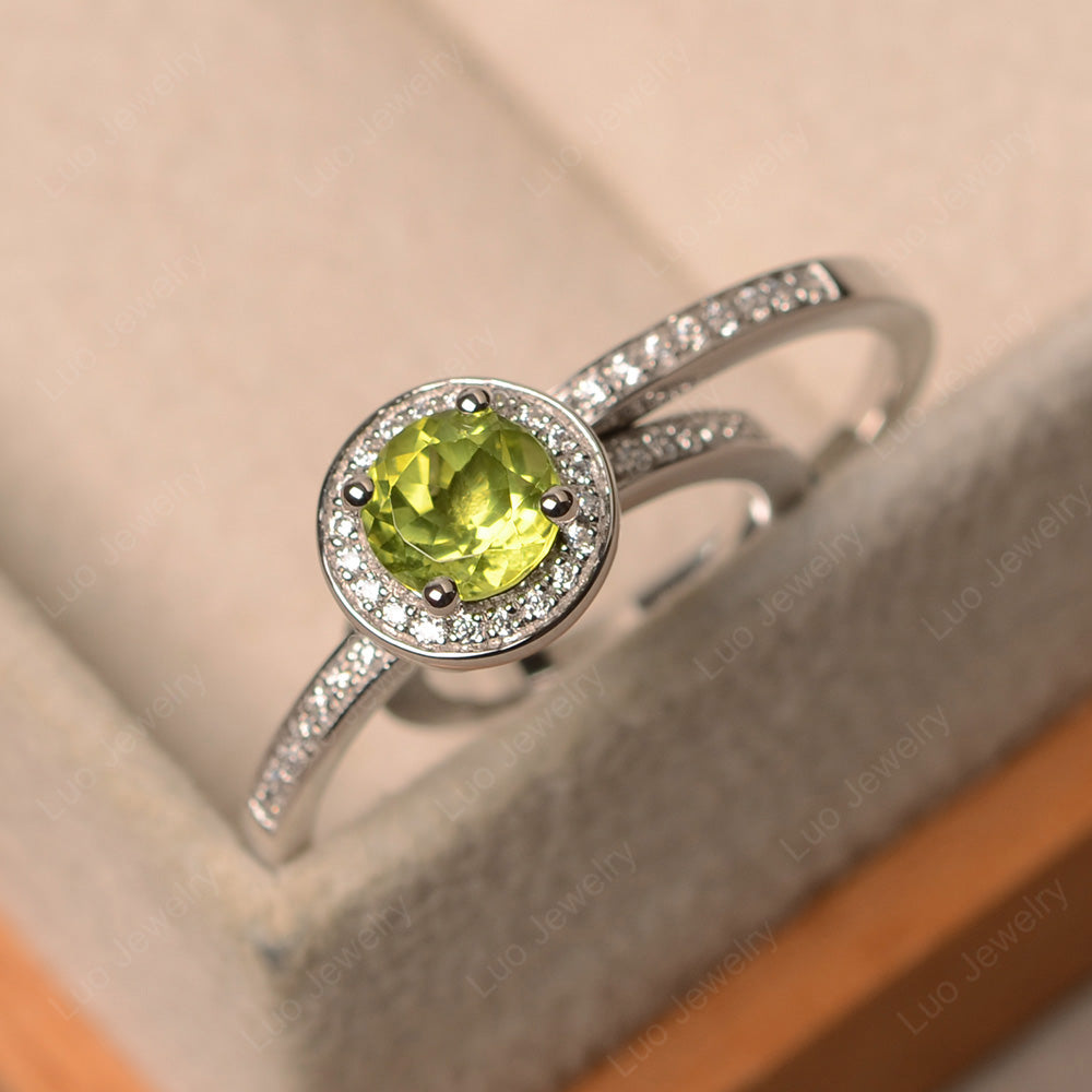 Round Cut Peridot Halo Bridal Set Ring - LUO Jewelry