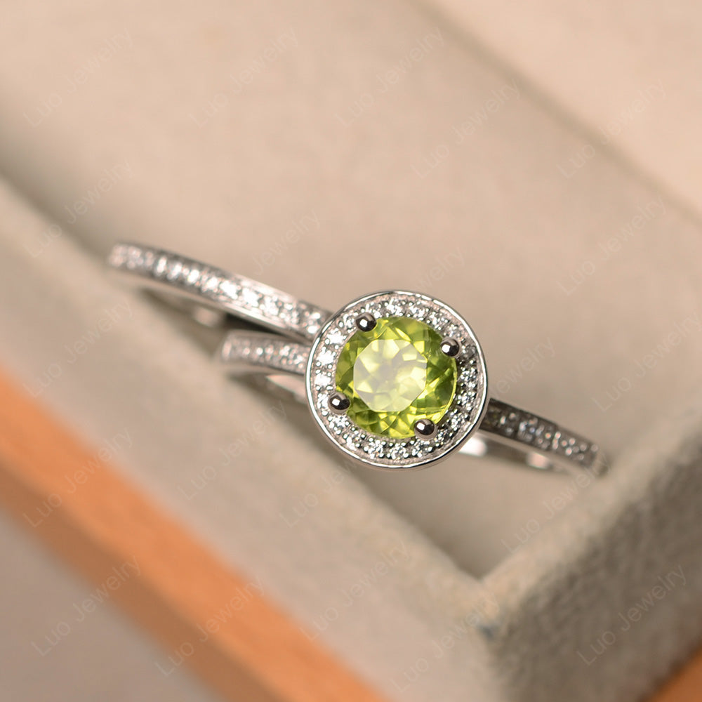 Round Cut Peridot Halo Bridal Set Ring - LUO Jewelry