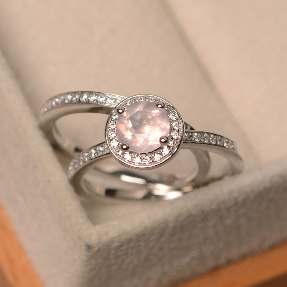 Round Cut Rose Quartz Halo Bridal Set Ring - LUO Jewelry