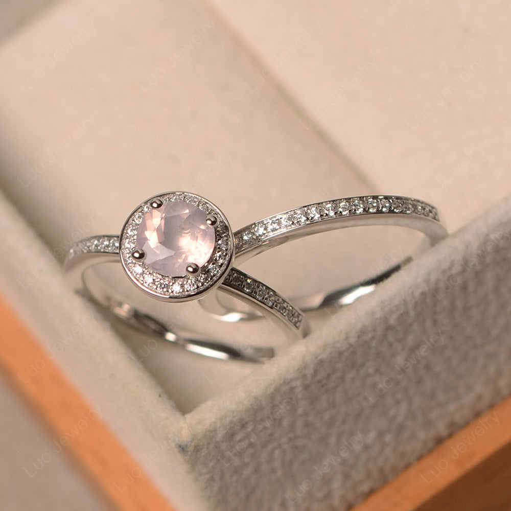 Round Cut Rose Quartz Halo Bridal Set Ring - LUO Jewelry
