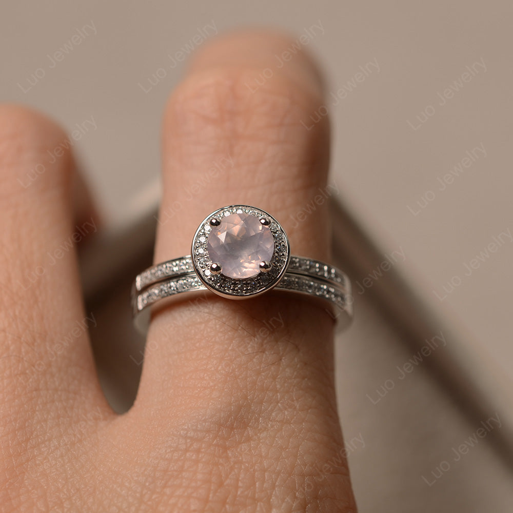 Round Cut Rose Quartz Halo Bridal Set Ring - LUO Jewelry