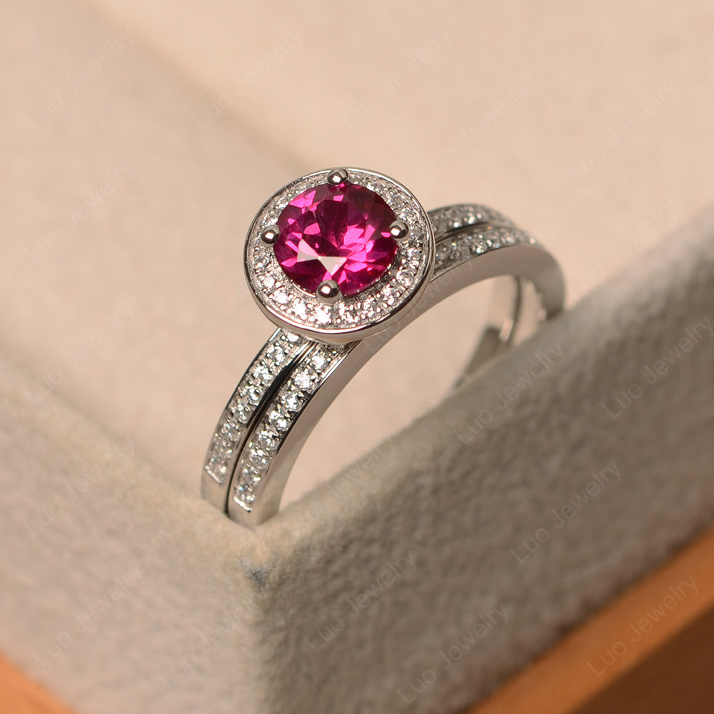 Round Cut Ruby Halo Bridal Set Ring - LUO Jewelry