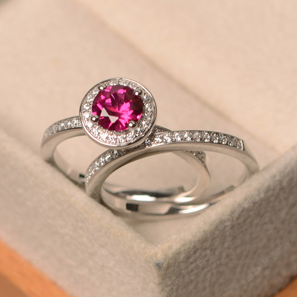 Round Cut Ruby Halo Bridal Set Ring - LUO Jewelry