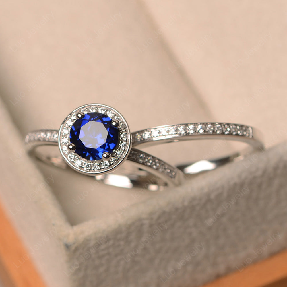 Round Cut Lab Sapphire Halo Bridal Set Ring - LUO Jewelry