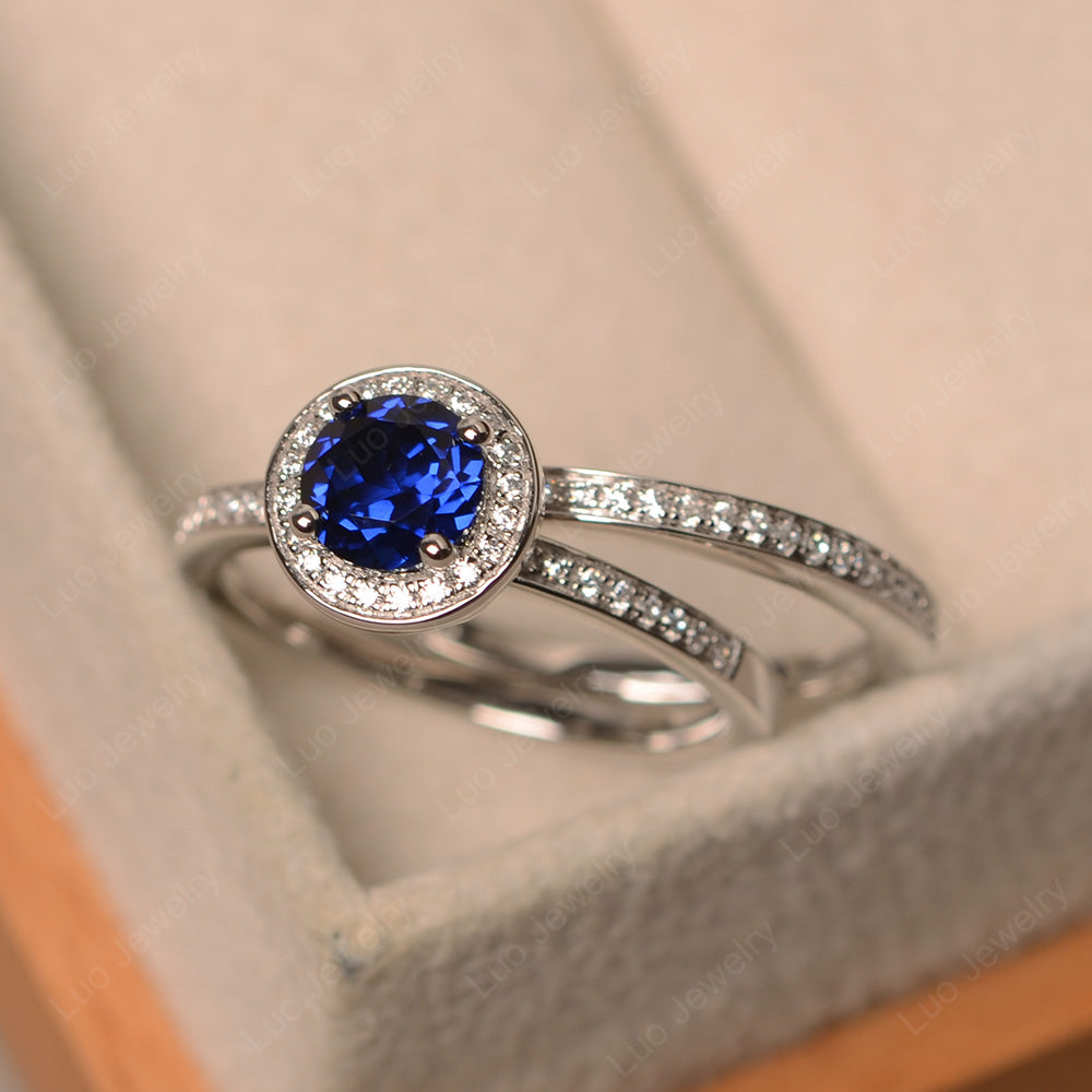 Round Cut Lab Sapphire Halo Bridal Set Ring - LUO Jewelry