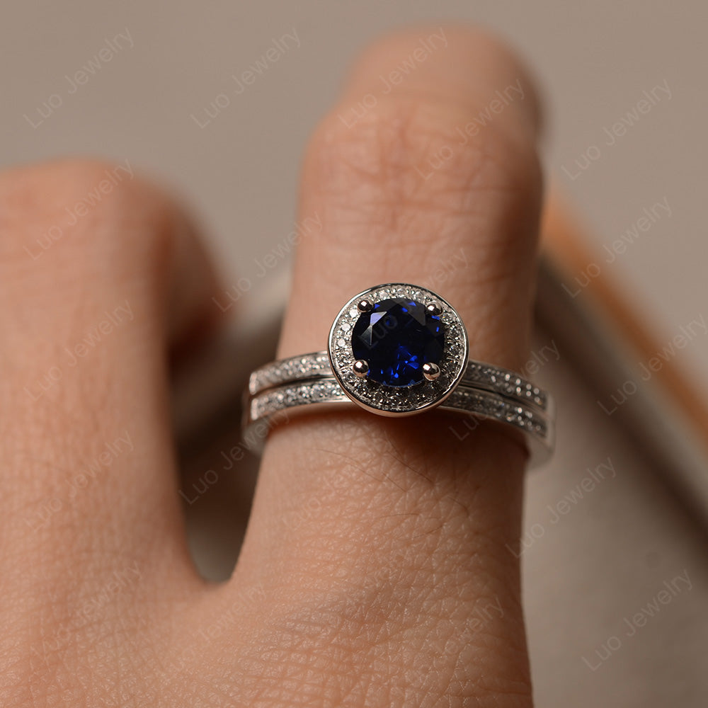 Round Cut Lab Sapphire Halo Bridal Set Ring - LUO Jewelry