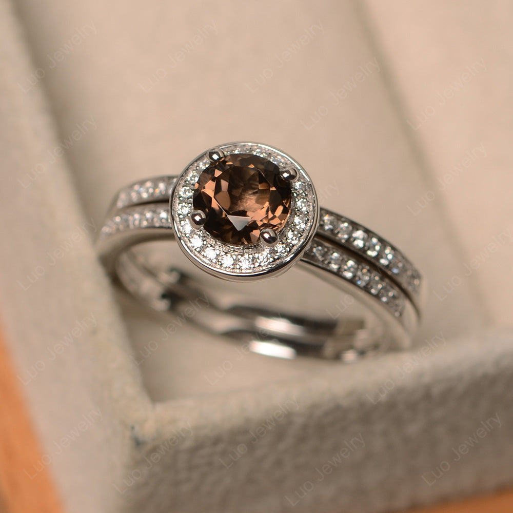 Round Cut Smoky Quartz  Halo Bridal Set Ring - LUO Jewelry